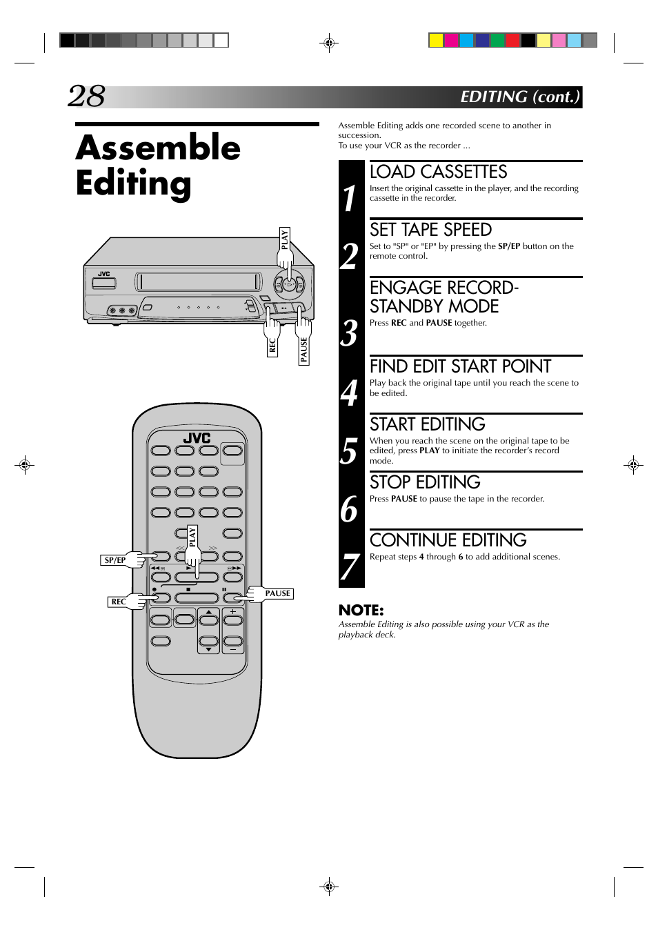 Assemble editing, Load cassettes, Set tape speed | Engage record- standby mode, Find edit start point, Start editing, Stop editing, Continue editing, Editing (cont.) | JVC HR-A52U(Hi-Fi) User Manual | Page 28 / 40