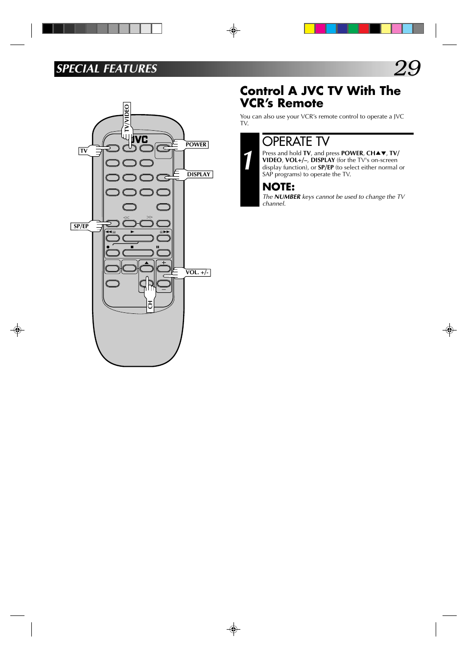 Operate tv, Control a jvc tv with the vcr’s remote, Special features | JVC HR-A52U(Hi-Fi) User Manual | Page 29 / 40