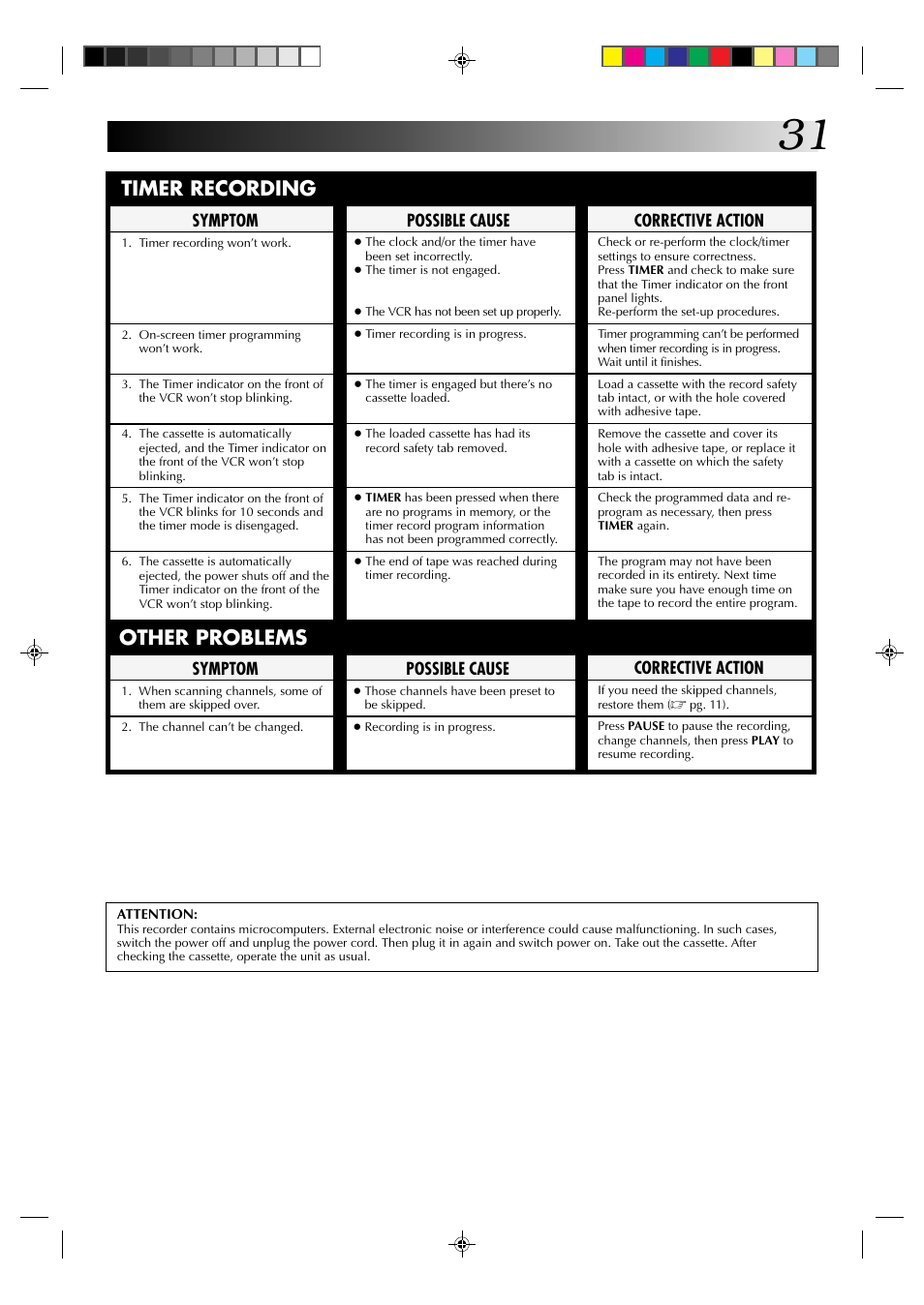 Timer recording, Other problems | JVC HR-A52U(Hi-Fi) User Manual | Page 31 / 40