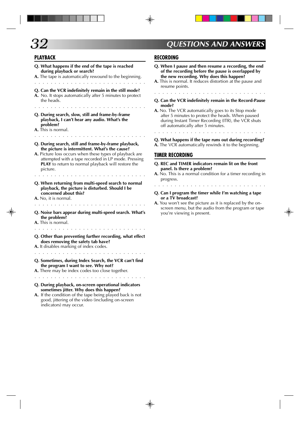 Questions and answers | JVC HR-A52U(Hi-Fi) User Manual | Page 32 / 40