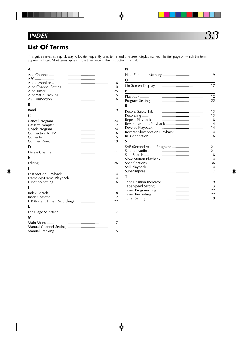 Index list of terms | JVC HR-A52U(Hi-Fi) User Manual | Page 33 / 40