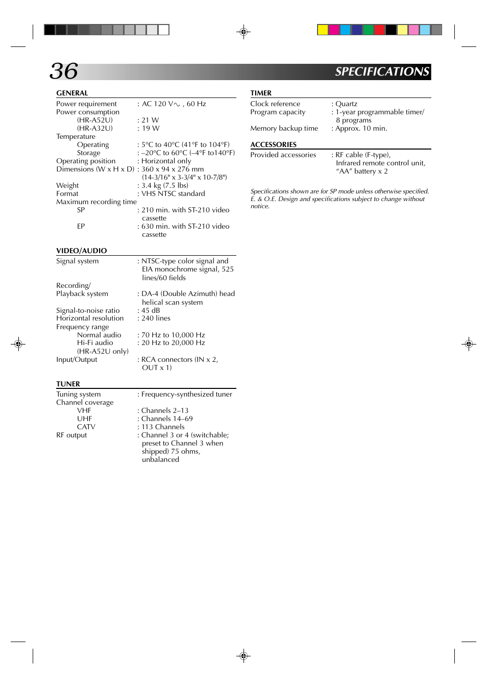 Specifications | JVC HR-A52U(Hi-Fi) User Manual | Page 36 / 40