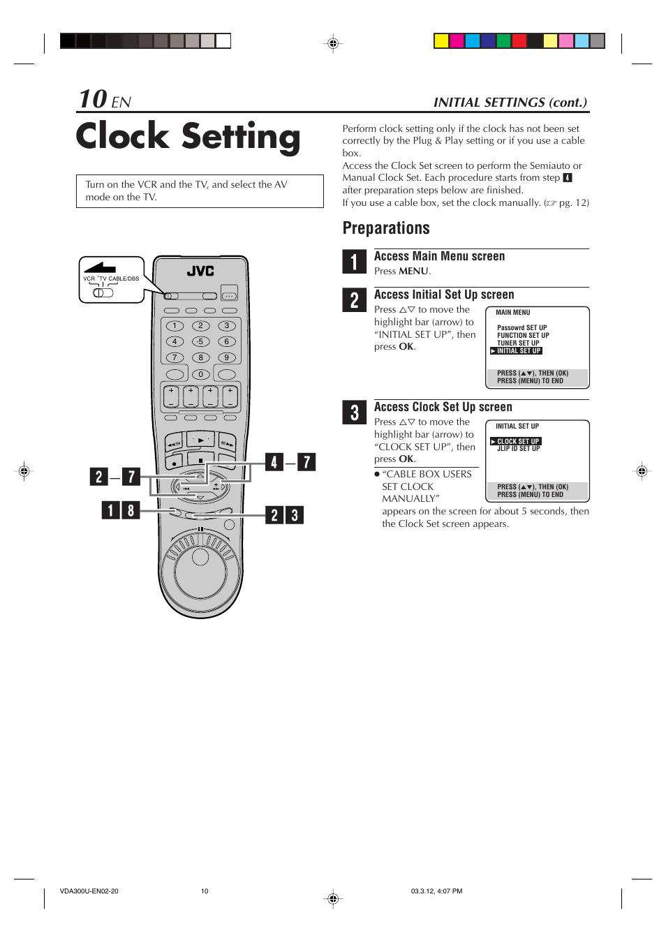 Clock setting, Preparations | JVC SR-VDA300U User Manual | Page 10 / 80