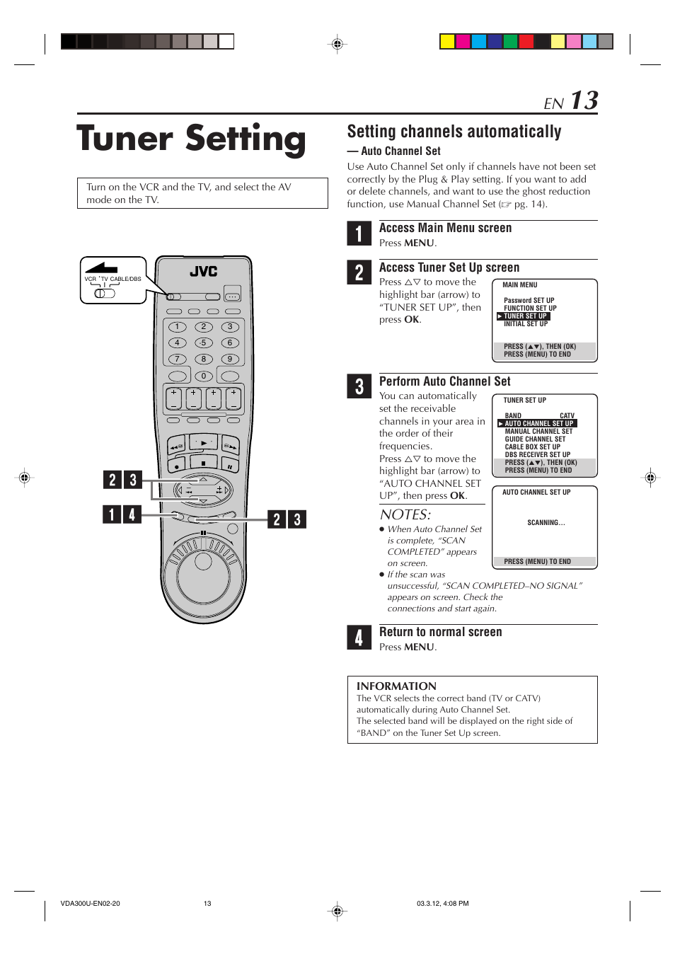 Tuner setting, Setting channels automatically — auto channel set, Setting channels automatically | JVC SR-VDA300U User Manual | Page 13 / 80