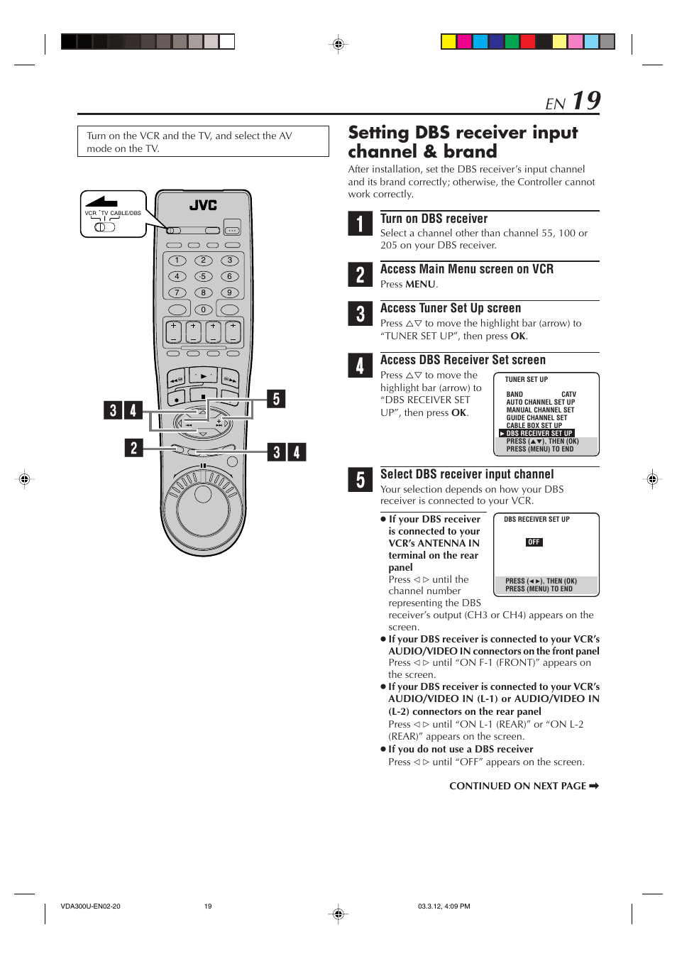 Setting dbs receiver input channel & brand | JVC SR-VDA300U User Manual | Page 19 / 80