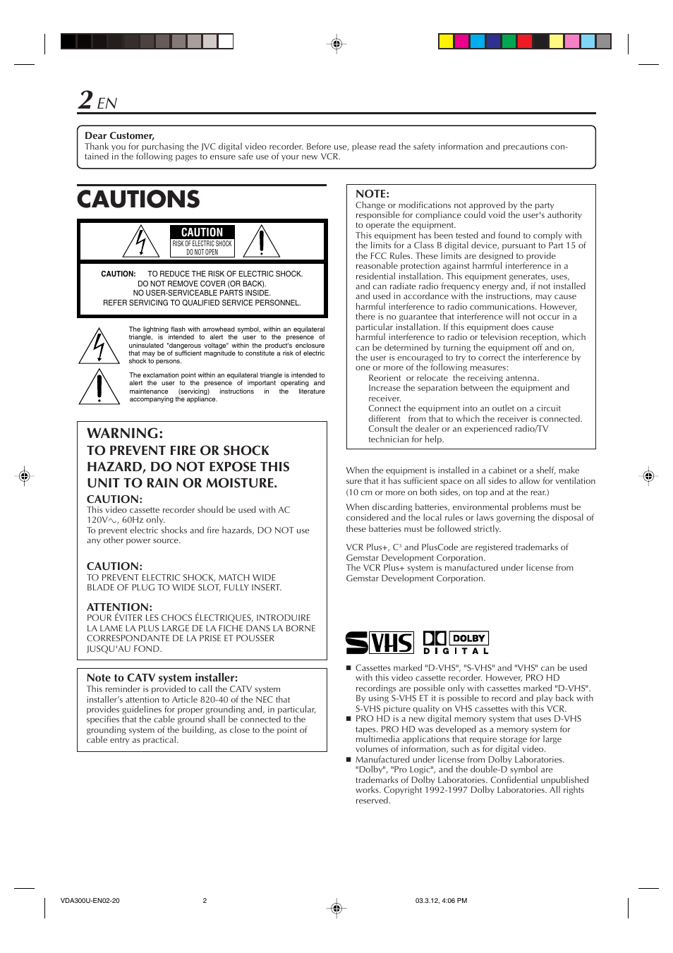 Cautions, Warning | JVC SR-VDA300U User Manual | Page 2 / 80