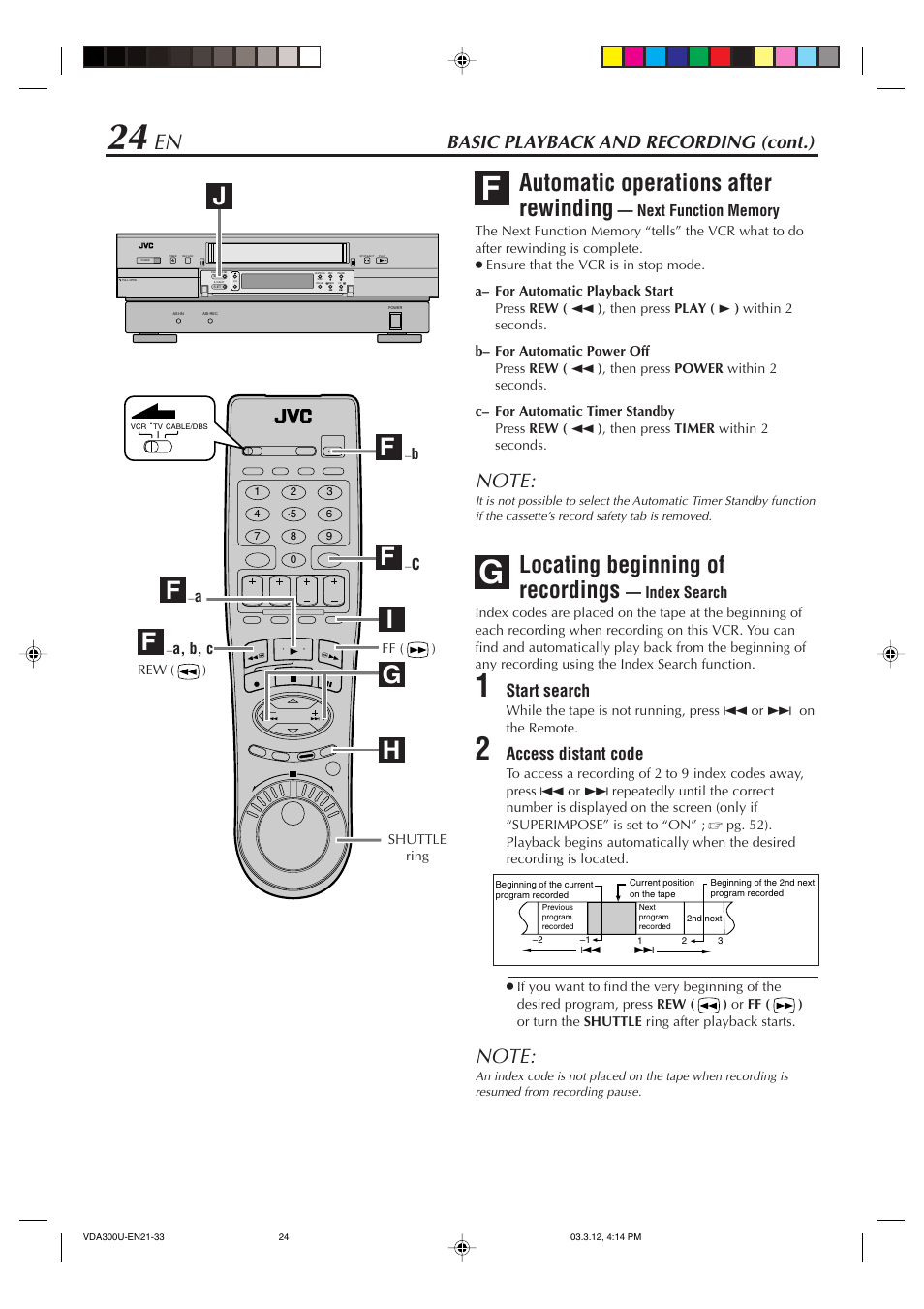 Locating beginning of recordings — index search, Hg i, Automatic operations after rewinding | Locating beginning of recordings, Basic playback and recording (cont.), Start search, Access distant code, Index search, A, b, c | JVC SR-VDA300U User Manual | Page 24 / 80