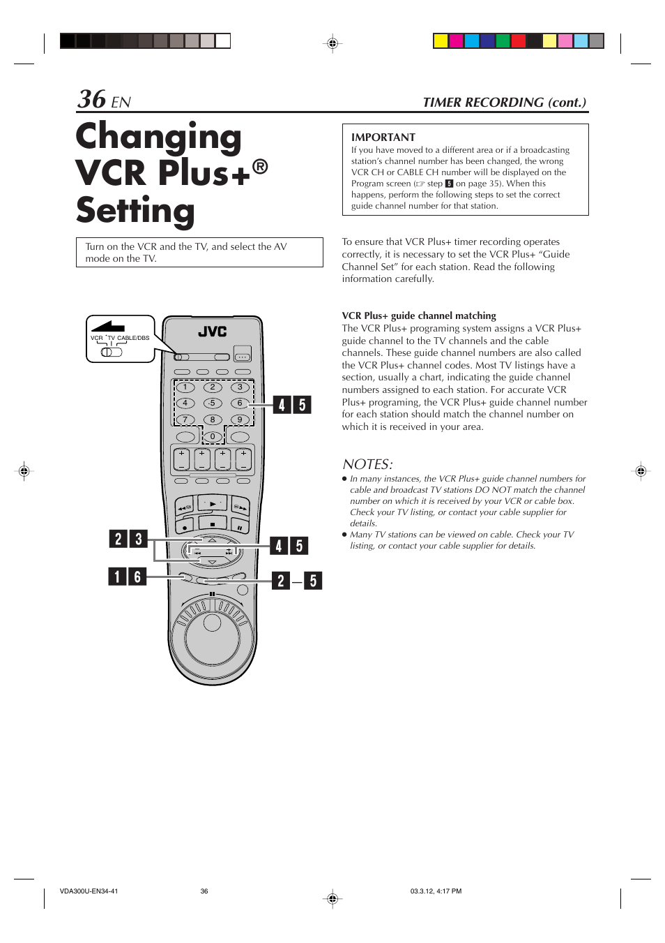 Changing vcr plus+ ® setting, Changing vcr plus, Setting | JVC SR-VDA300U User Manual | Page 36 / 80