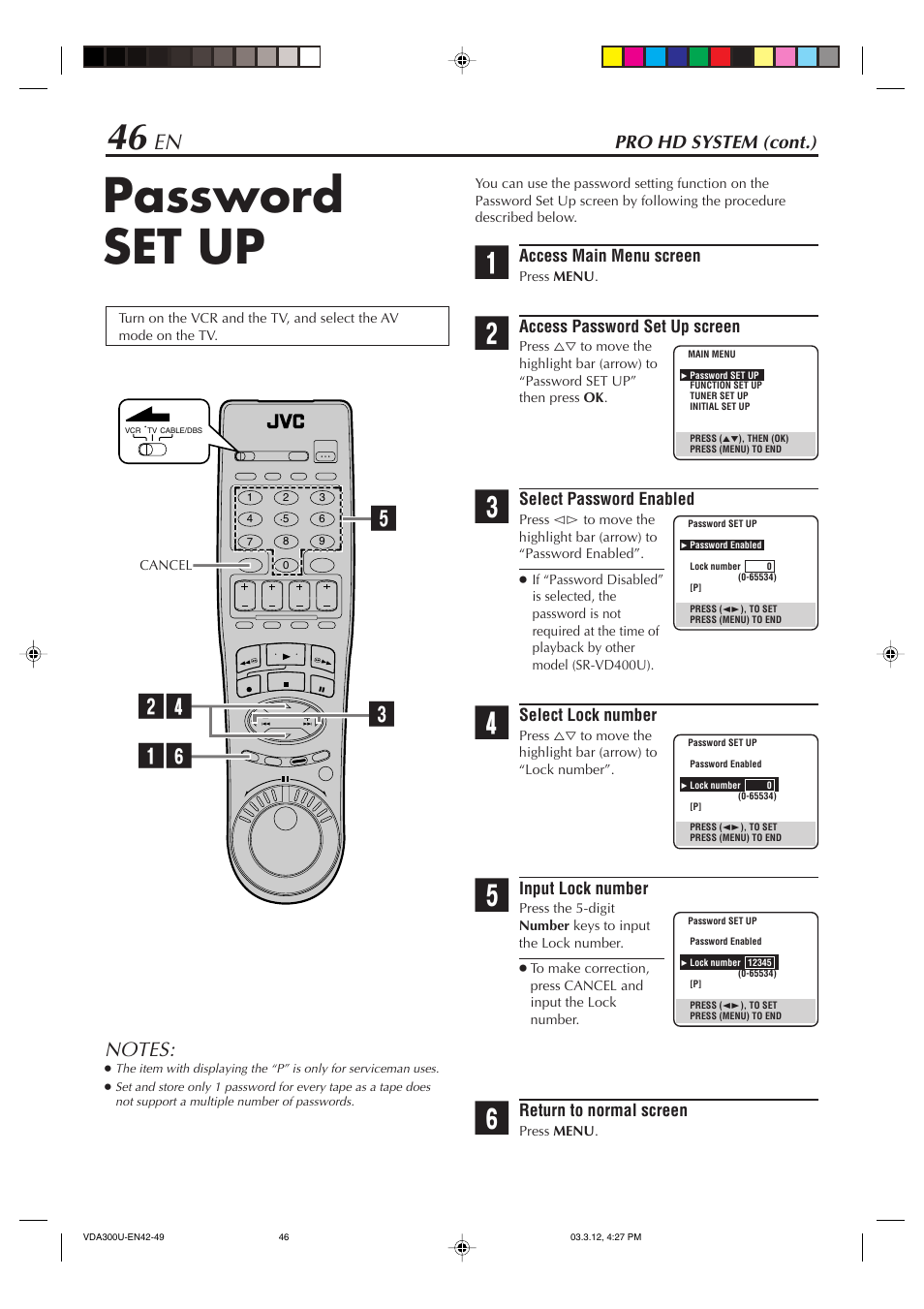 Password set up, Pro hd system (cont.) | JVC SR-VDA300U User Manual | Page 46 / 80
