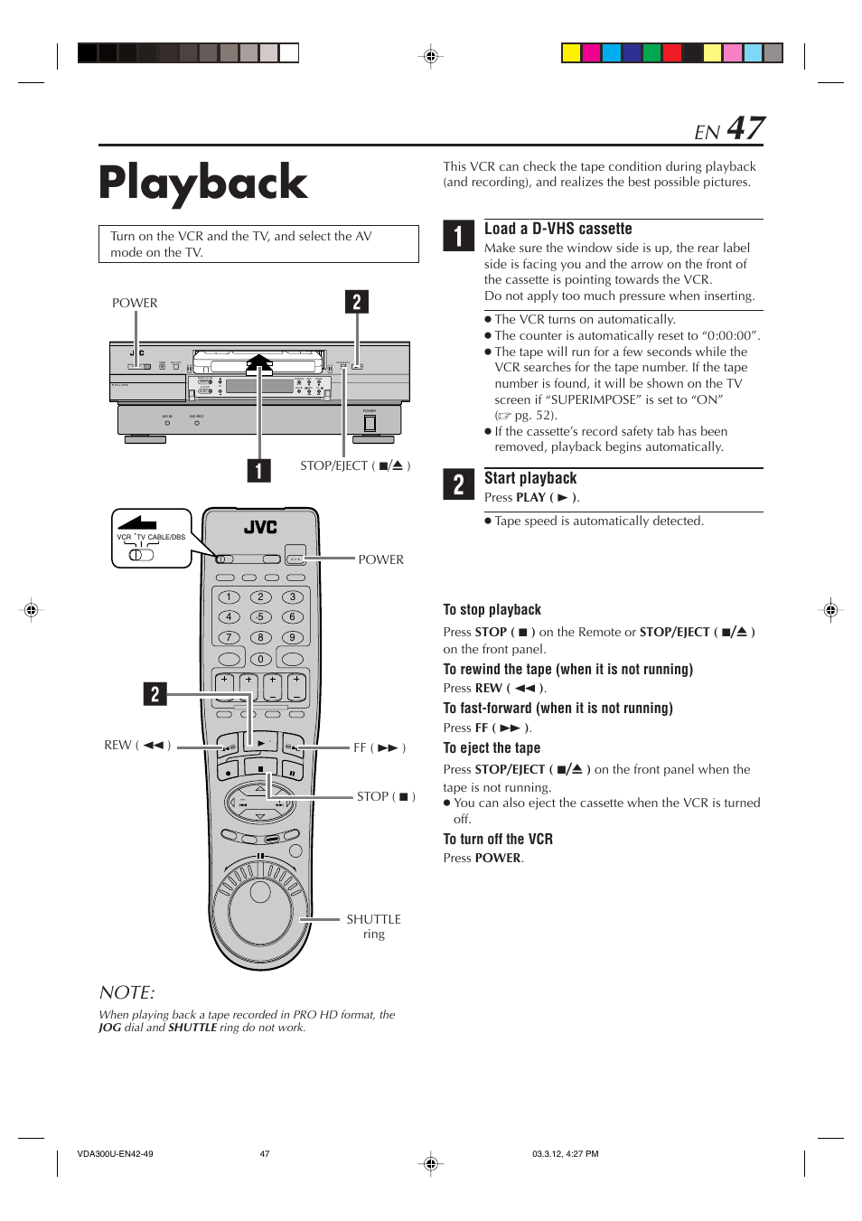Playback, Load a d-vhs cassette, Start playback | JVC SR-VDA300U User Manual | Page 47 / 80