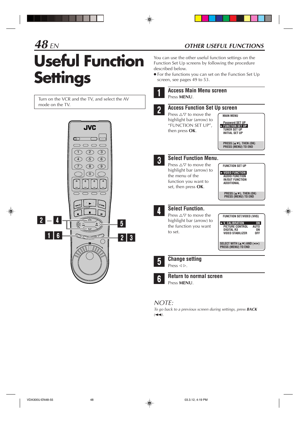 Other useful functions, Useful function settings | JVC SR-VDA300U User Manual | Page 48 / 80