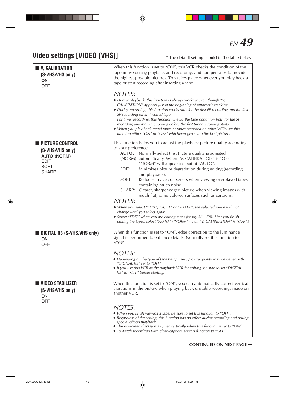 Video settings [video (vhs) | JVC SR-VDA300U User Manual | Page 49 / 80
