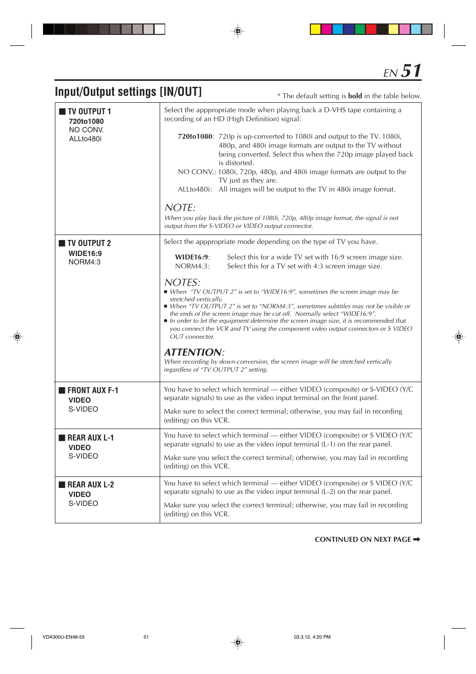 Input/output settings [in/out, Attention | JVC SR-VDA300U User Manual | Page 51 / 80