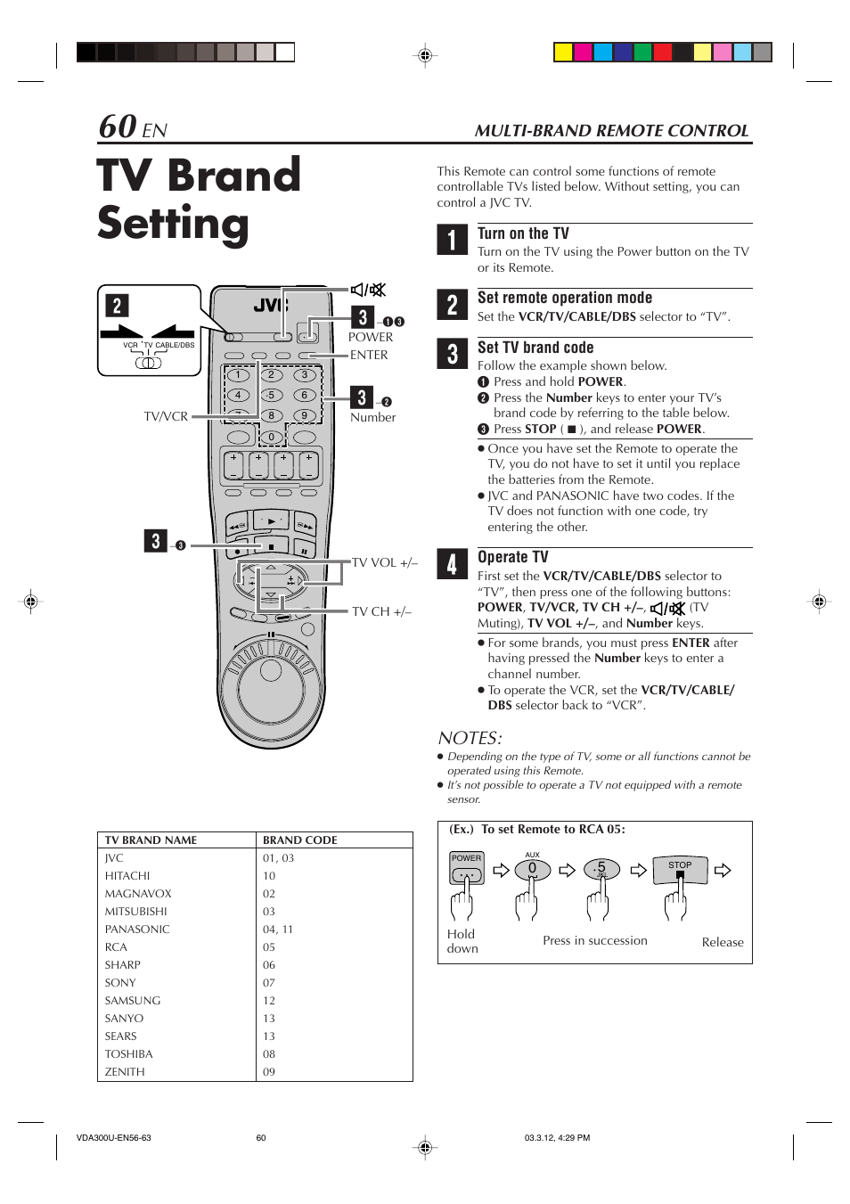 Multi-brand remote control, Tv brand setting | JVC SR-VDA300U User Manual | Page 60 / 80