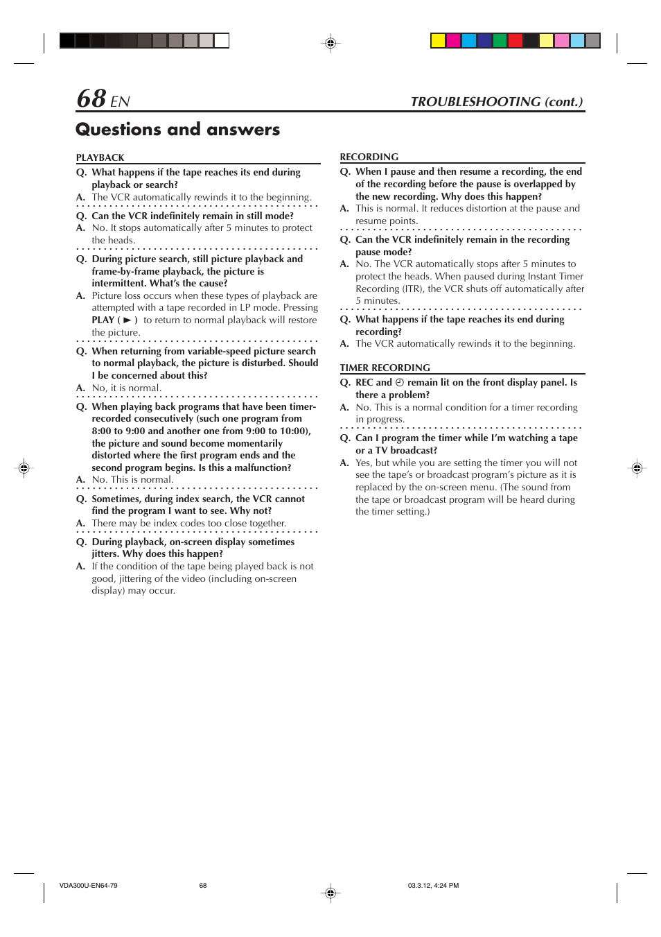 Questions and answers, Troubleshooting (cont.) | JVC SR-VDA300U User Manual | Page 68 / 80