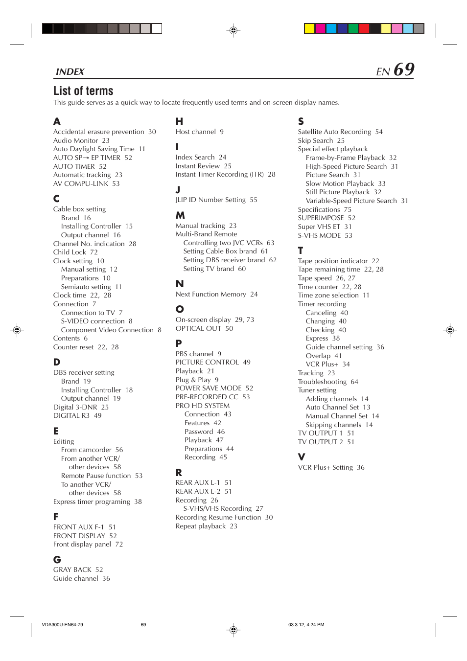 Index, List of terms | JVC SR-VDA300U User Manual | Page 69 / 80