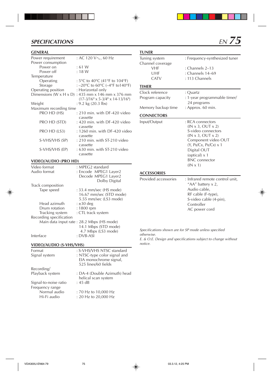 Specifications | JVC SR-VDA300U User Manual | Page 75 / 80