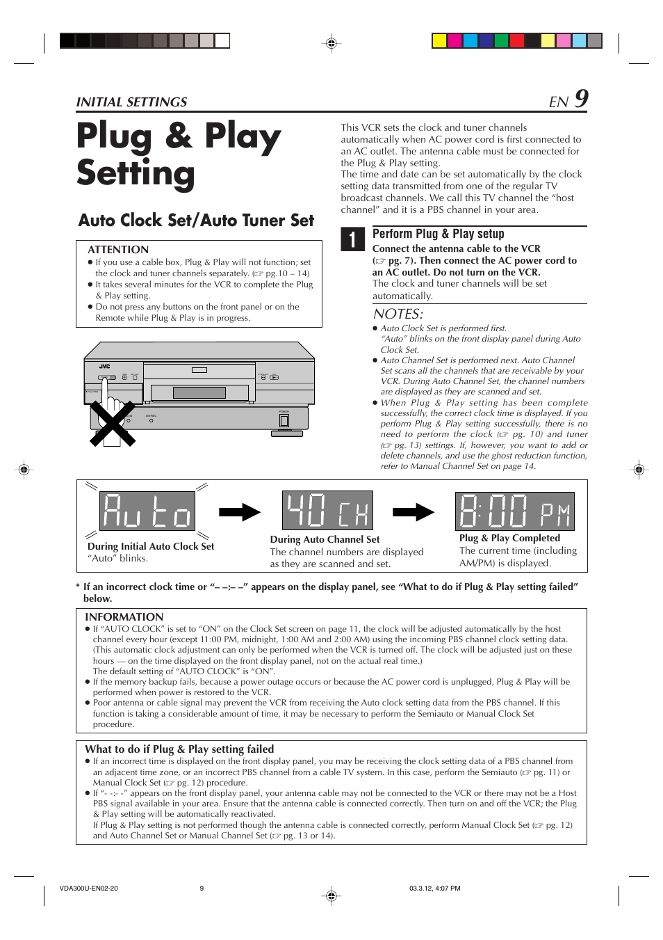 Initial settings, Plug & play setting, Auto clock set/auto tuner set | Perform plug & play setup | JVC SR-VDA300U User Manual | Page 9 / 80