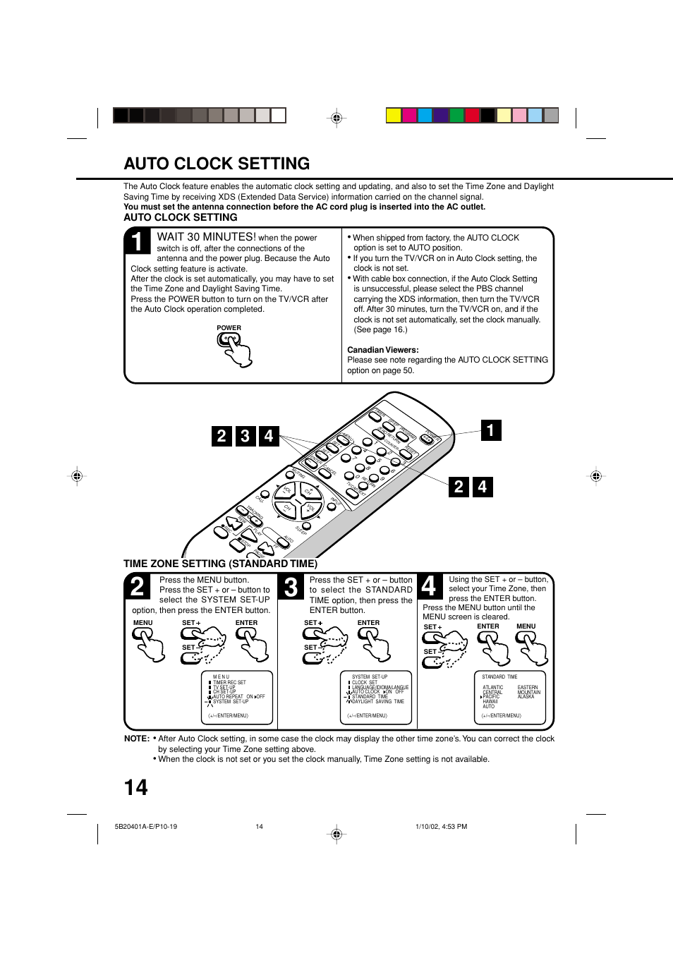 Auto clock setting, Wait 30 minutes, Time zone setting (standard time) | JVC TV-13143 User Manual | Page 16 / 54