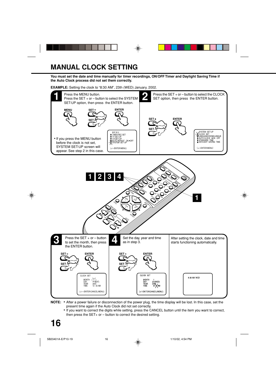 Manual clock setting | JVC TV-13143 User Manual | Page 18 / 54