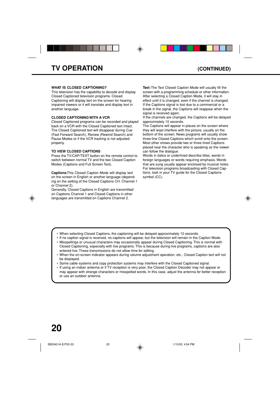 Tv operation, Continued) | JVC TV-13143 User Manual | Page 22 / 54