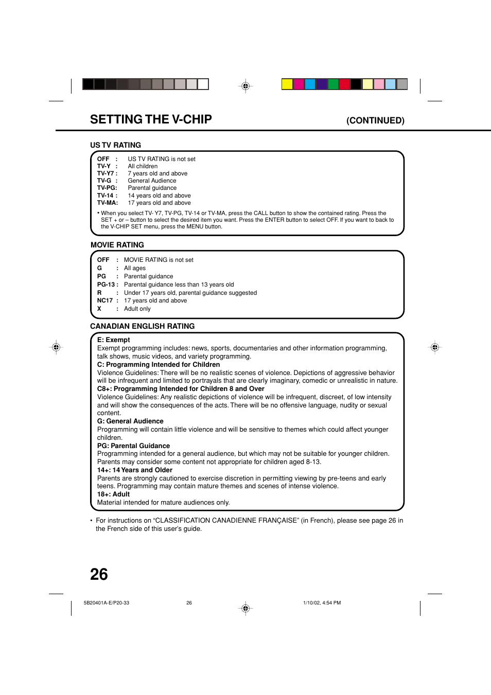 Setting the v-chip, Continued) | JVC TV-13143 User Manual | Page 28 / 54