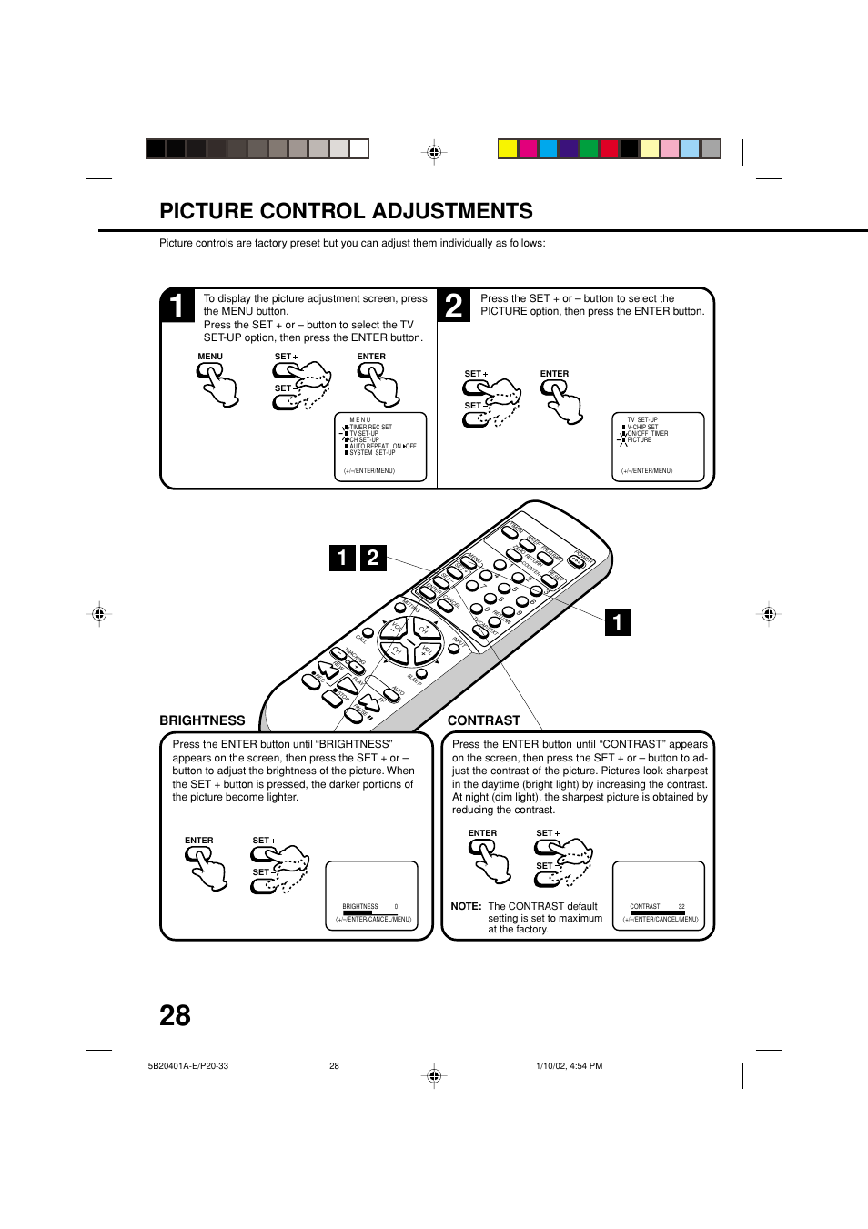 Picture control adjustments, Brightness contrast | JVC TV-13143 User Manual | Page 30 / 54