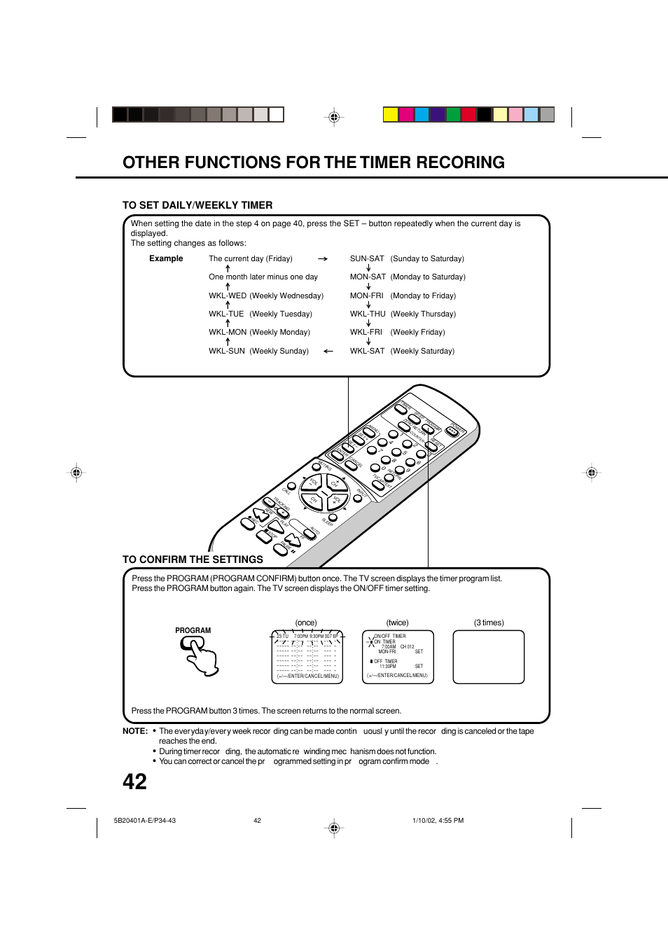 Other functions for the timer recoring | JVC TV-13143 User Manual | Page 44 / 54