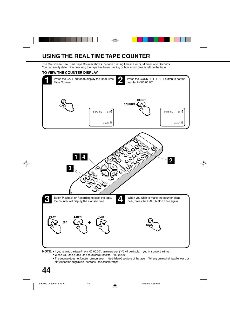 Using the real time tape counter | JVC TV-13143 User Manual | Page 46 / 54