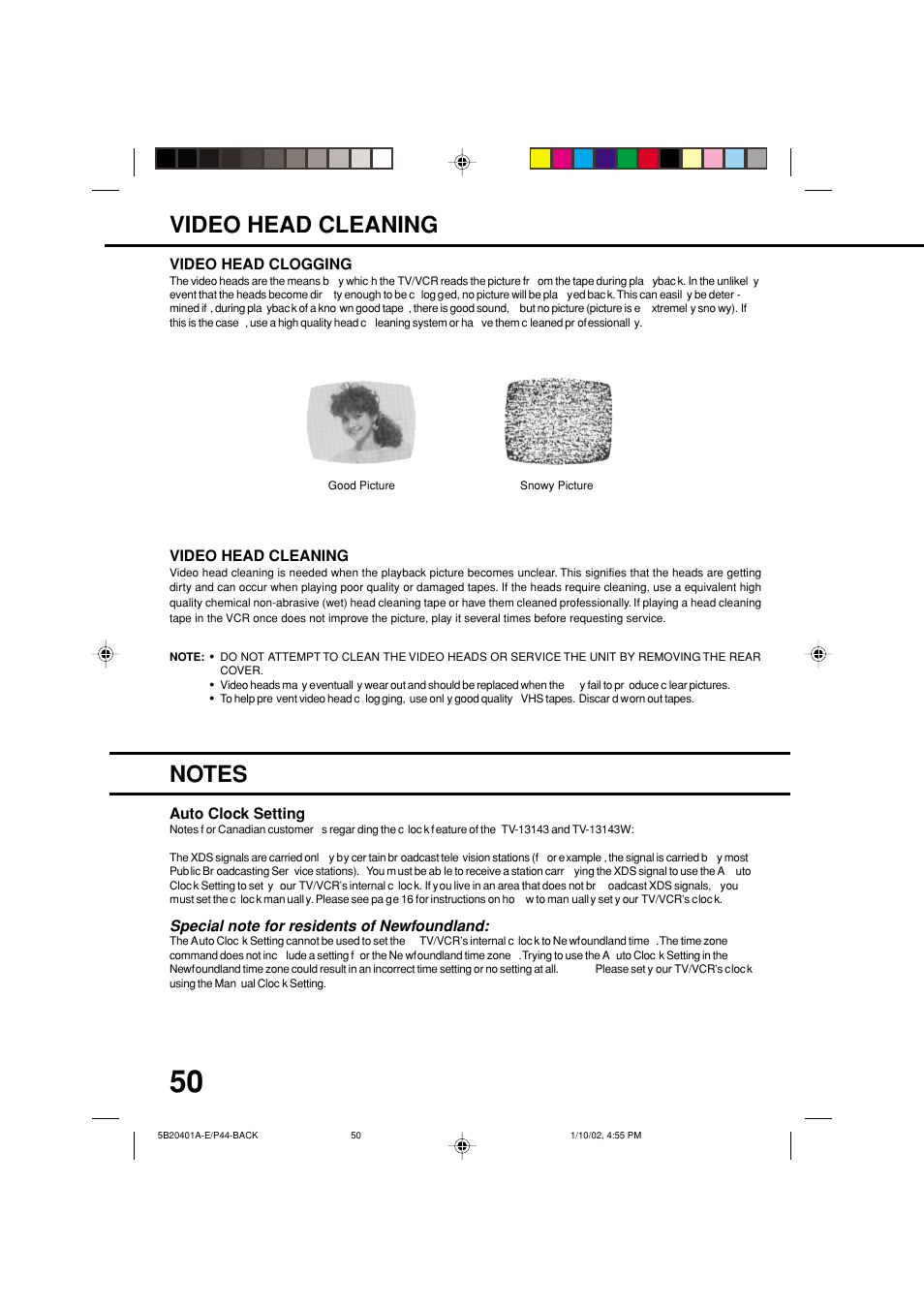 Video head cleaning | JVC TV-13143 User Manual | Page 52 / 54