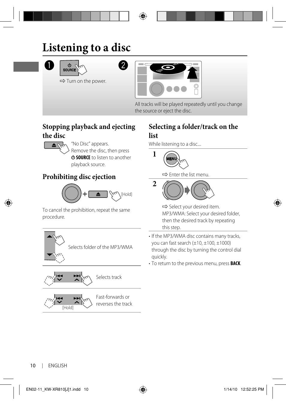Listening to a disc, Stopping playback and ejecting the disc, Prohibiting disc ejection | Selecting a folder/track on the list | JVC GET0661-001A User Manual | Page 10 / 151