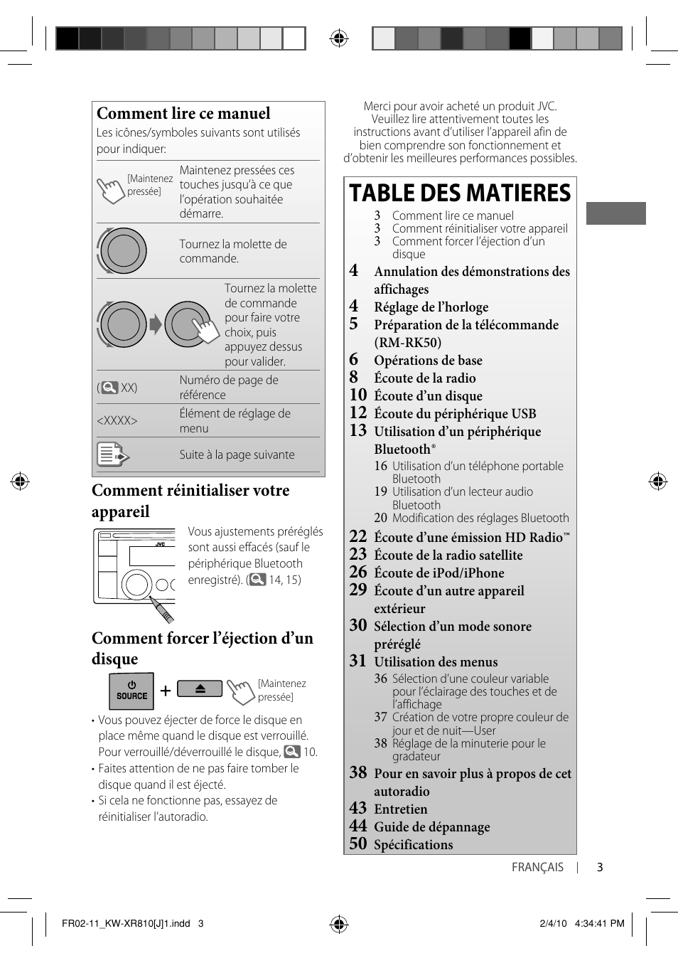 Table des matieres, Comment lire ce manuel, Comment réinitialiser votre appareil | Comment forcer l’éjection d’un disque | JVC GET0661-001A User Manual | Page 103 / 151