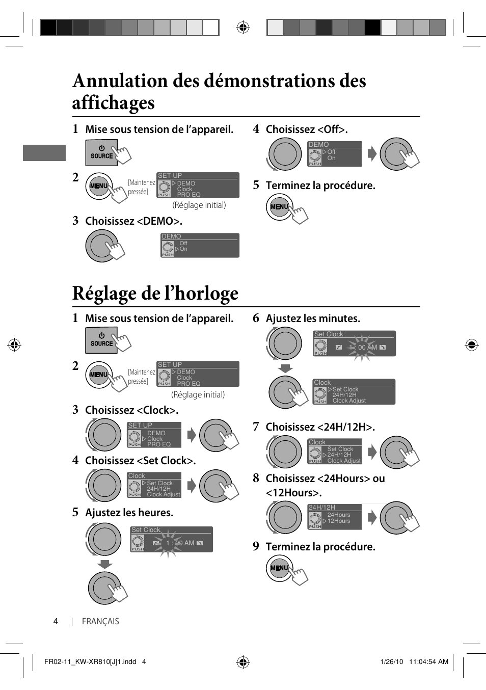 Réglage de l’horloge, Annulation des démonstrations des affichages | JVC GET0661-001A User Manual | Page 104 / 151