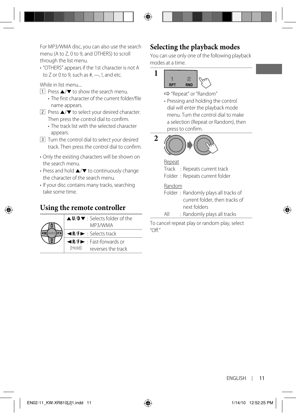 Using the remote controller, Selecting the playback modes | JVC GET0661-001A User Manual | Page 11 / 151