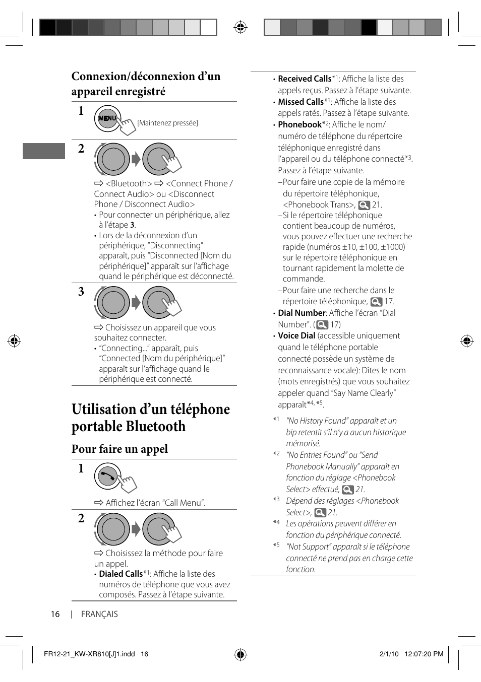 Utilisation d’un téléphone portable bluetooth, Connexion/déconnexion d’un appareil enregistré, Pour faire un appel | JVC GET0661-001A User Manual | Page 116 / 151
