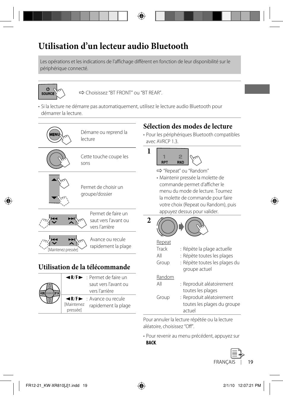 Utilisation d’un lecteur audio bluetooth, Sélection des modes de lecture, Utilisation de la télécommande | JVC GET0661-001A User Manual | Page 119 / 151