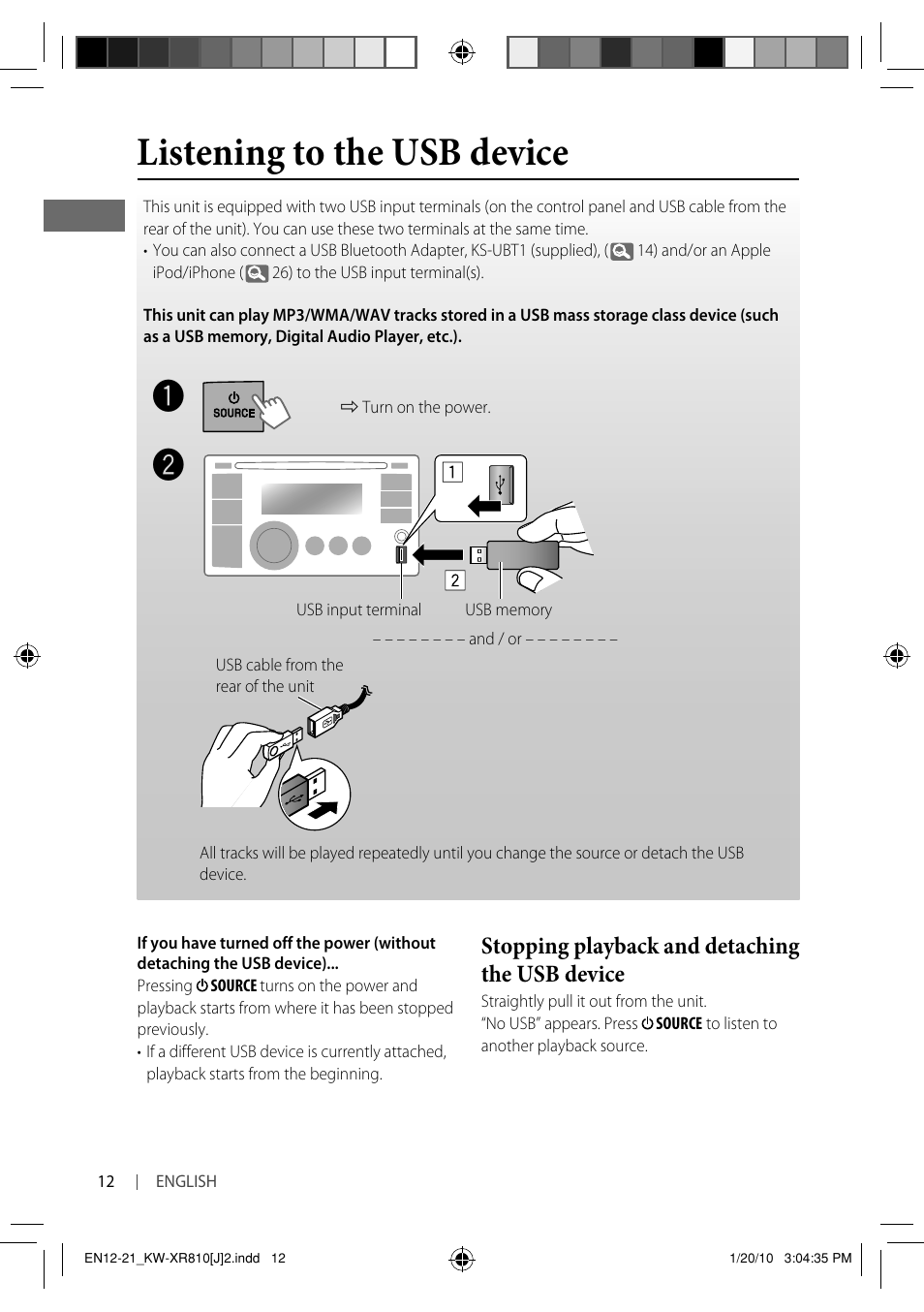 Listening to the usb device, Stopping playback and detaching the usb device | JVC GET0661-001A User Manual | Page 12 / 151