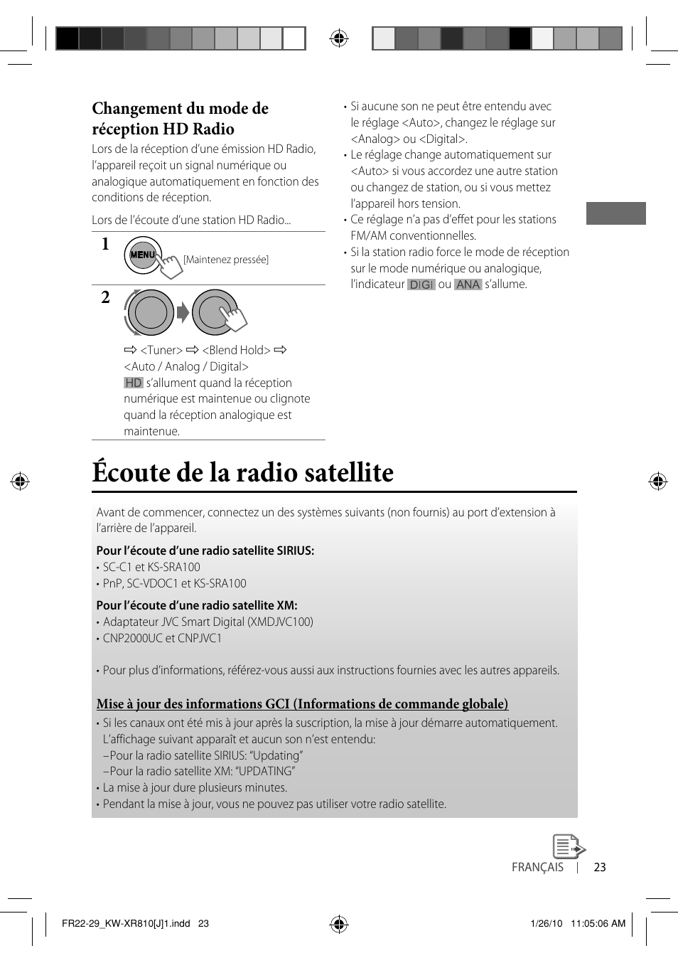 Écoute de la radio satellite, Changement du mode de réception hd radio | JVC GET0661-001A User Manual | Page 123 / 151