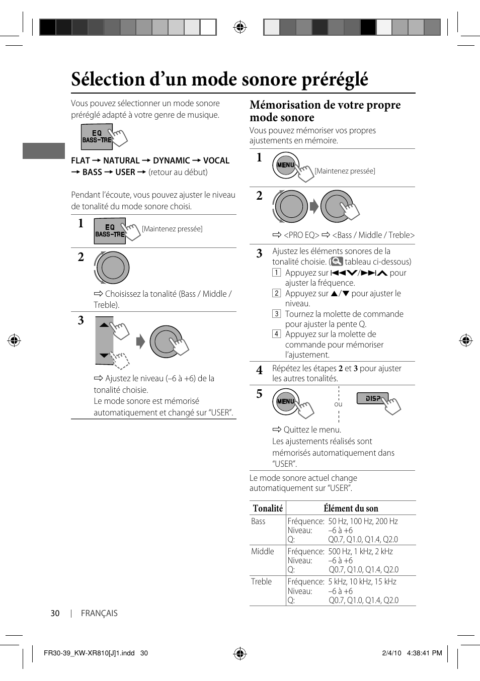 Sélection d’un mode sonore préréglé, Mémorisation de votre propre mode sonore | JVC GET0661-001A User Manual | Page 130 / 151