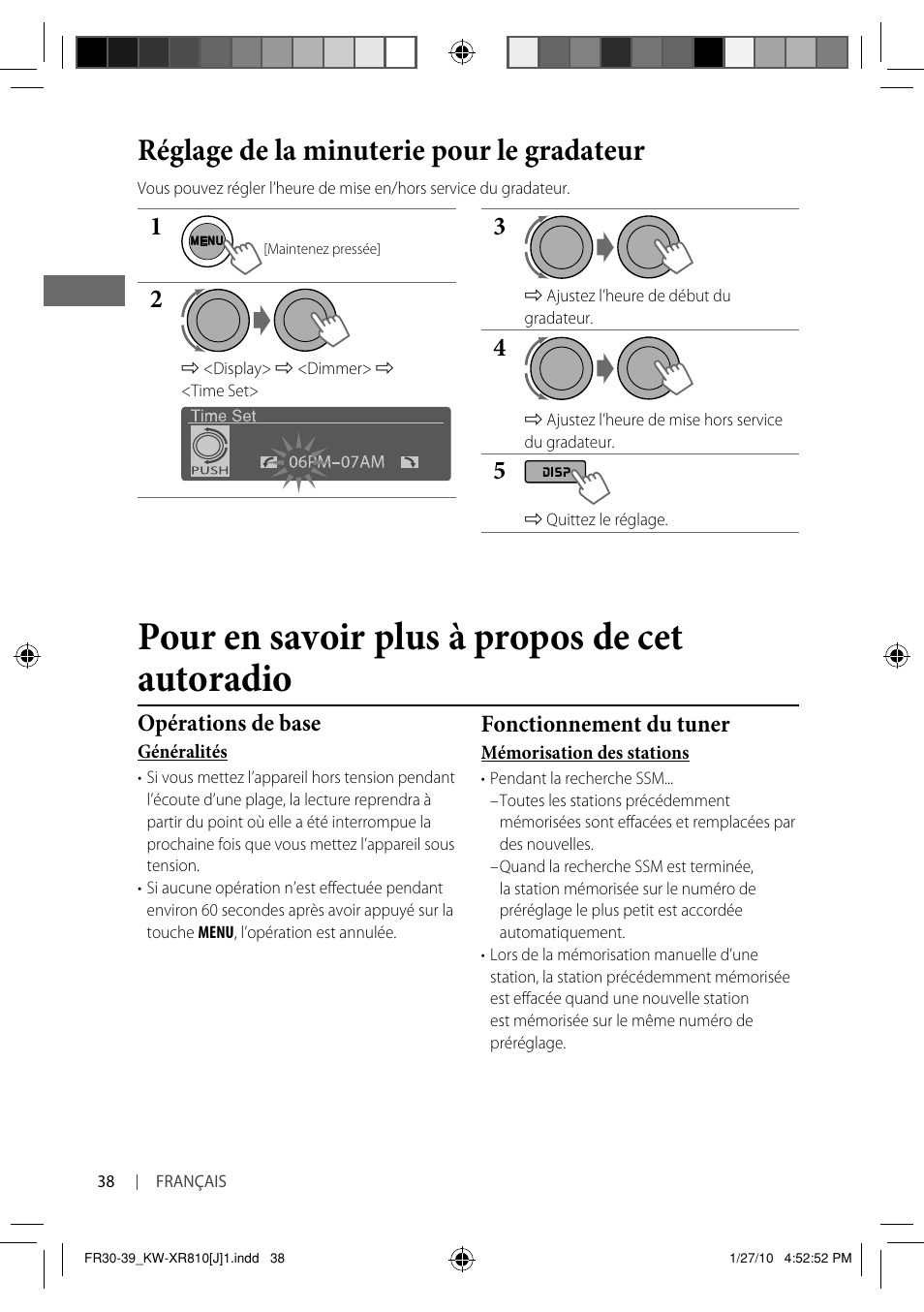 Pour en savoir plus à propos de cet autoradio, Réglage de la minuterie pour le gradateur, Opérations de base | Fonctionnement du tuner | JVC GET0661-001A User Manual | Page 138 / 151