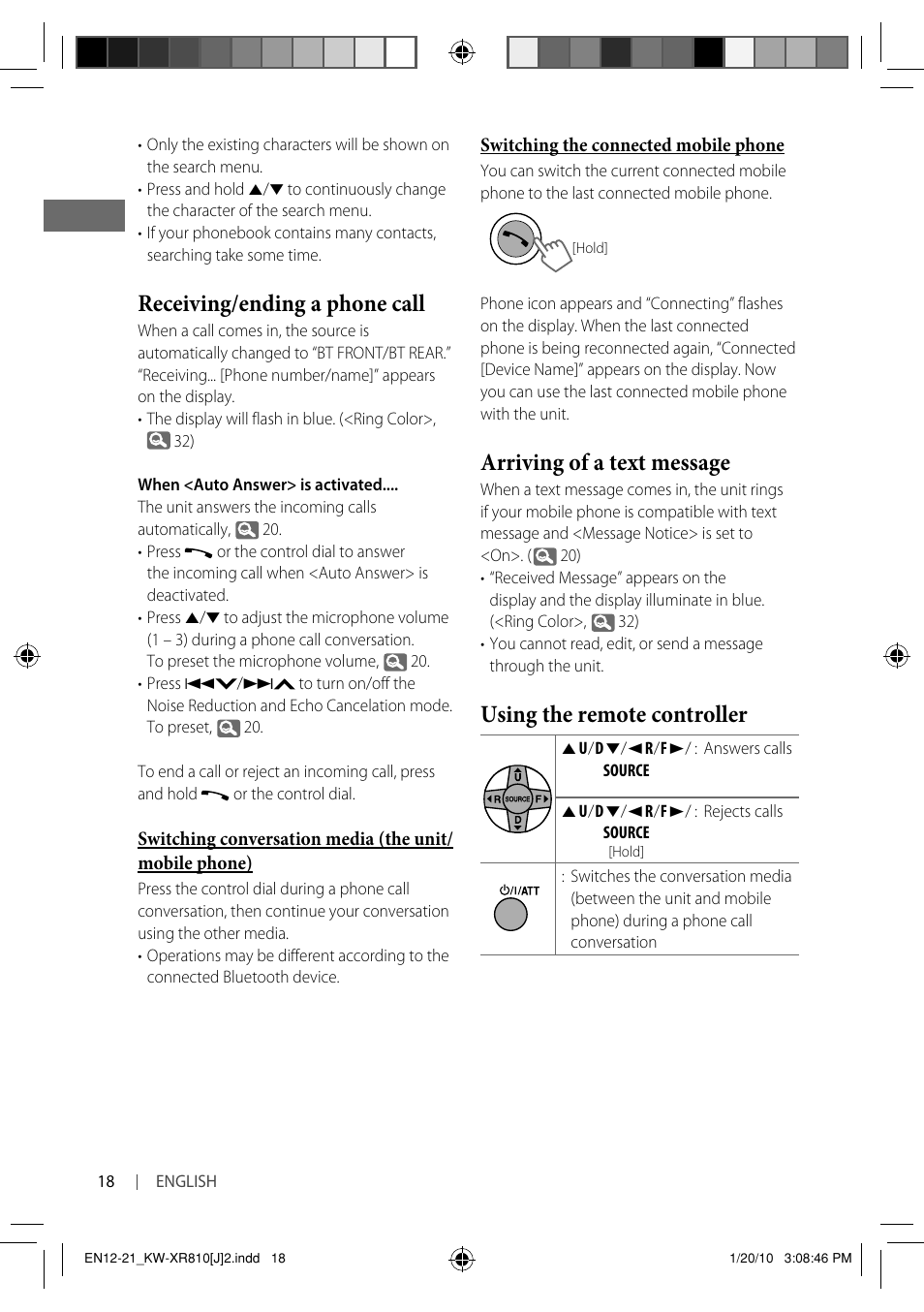 Receiving/ending a phone call, Arriving of a text message, Using the remote controller | JVC GET0661-001A User Manual | Page 18 / 151