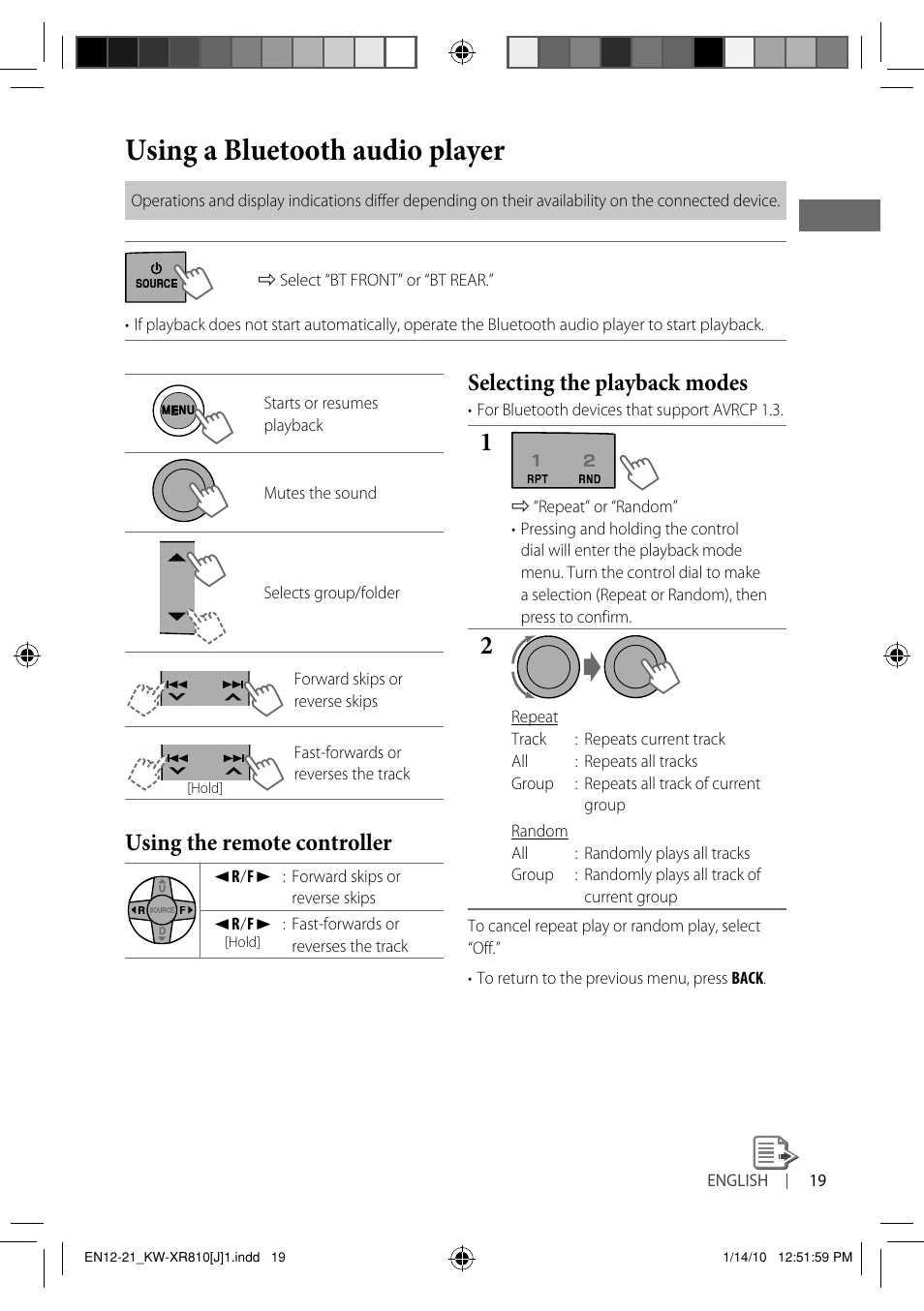 Using a bluetooth audio player, Selecting the playback modes, Using the remote controller | JVC GET0661-001A User Manual | Page 19 / 151