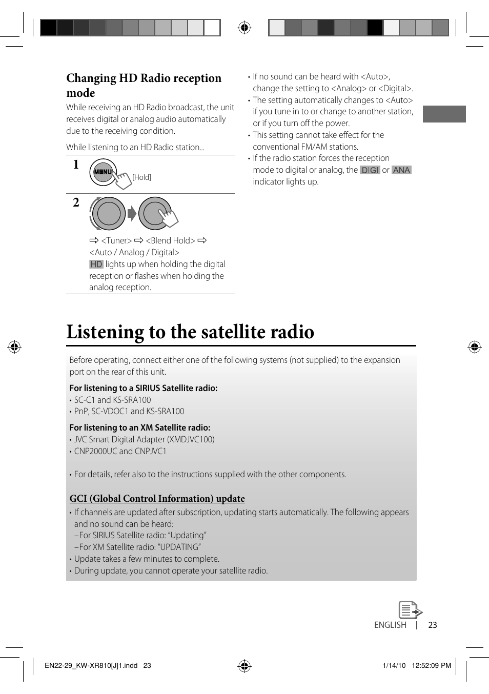 Listening to the satellite radio, Changing hd radio reception mode | JVC GET0661-001A User Manual | Page 23 / 151