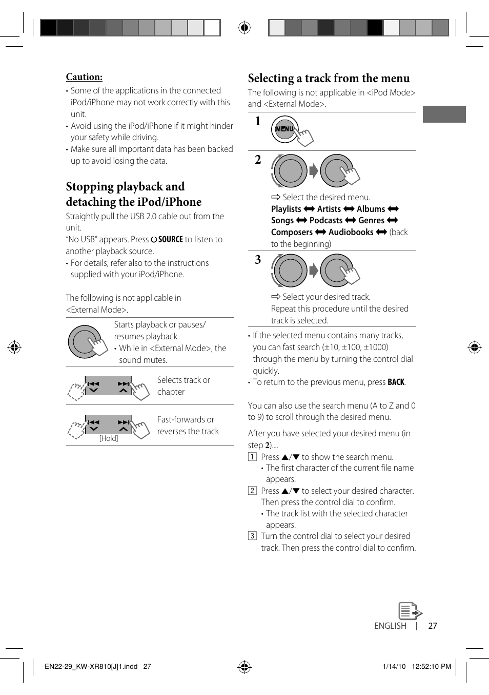 Stopping playback and detaching the ipod/iphone, Selecting a track from the menu | JVC GET0661-001A User Manual | Page 27 / 151
