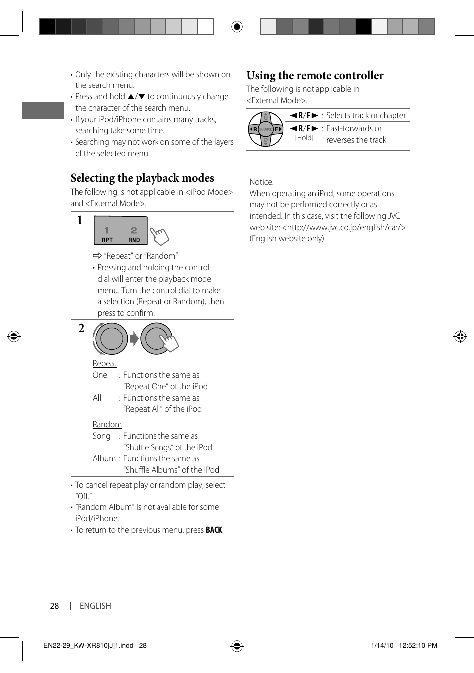 Selecting the playback modes, Using the remote controller | JVC GET0661-001A User Manual | Page 28 / 151