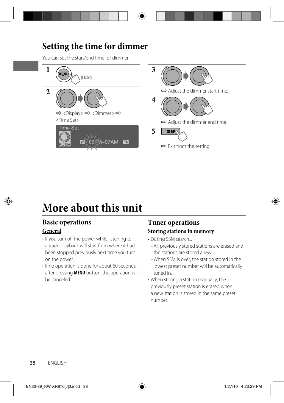More about this unit, Setting the time for dimmer, Basic operations | Tuner operations | JVC GET0661-001A User Manual | Page 38 / 151