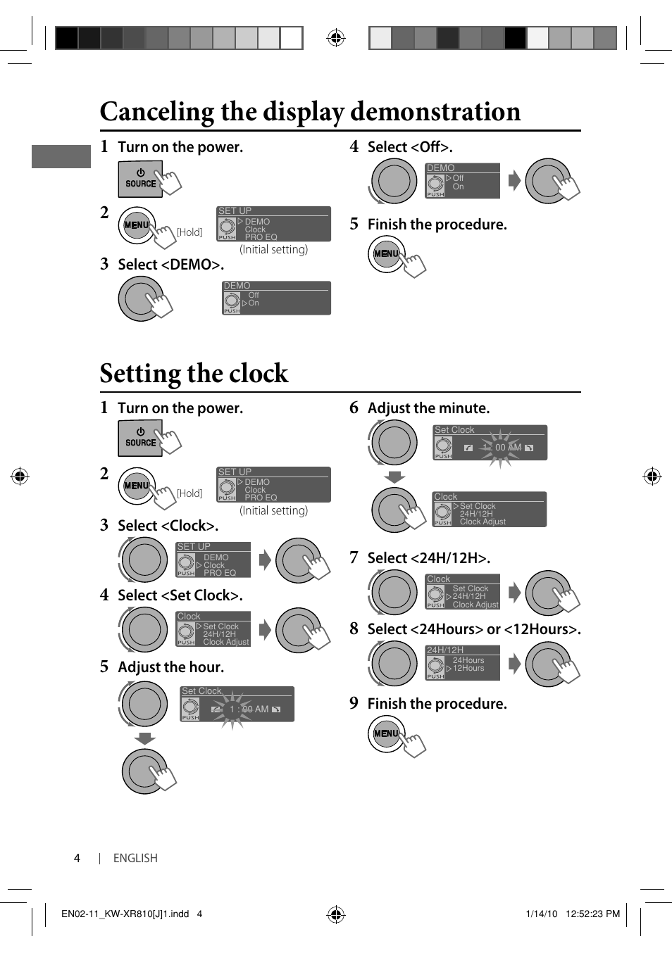 Setting the clock, Canceling the display demonstration | JVC GET0661-001A User Manual | Page 4 / 151