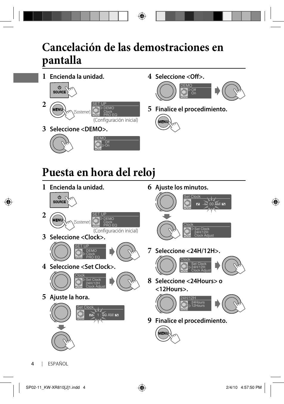 Puesta en hora del reloj, Cancelación de las demostraciones en pantalla | JVC GET0661-001A User Manual | Page 54 / 151