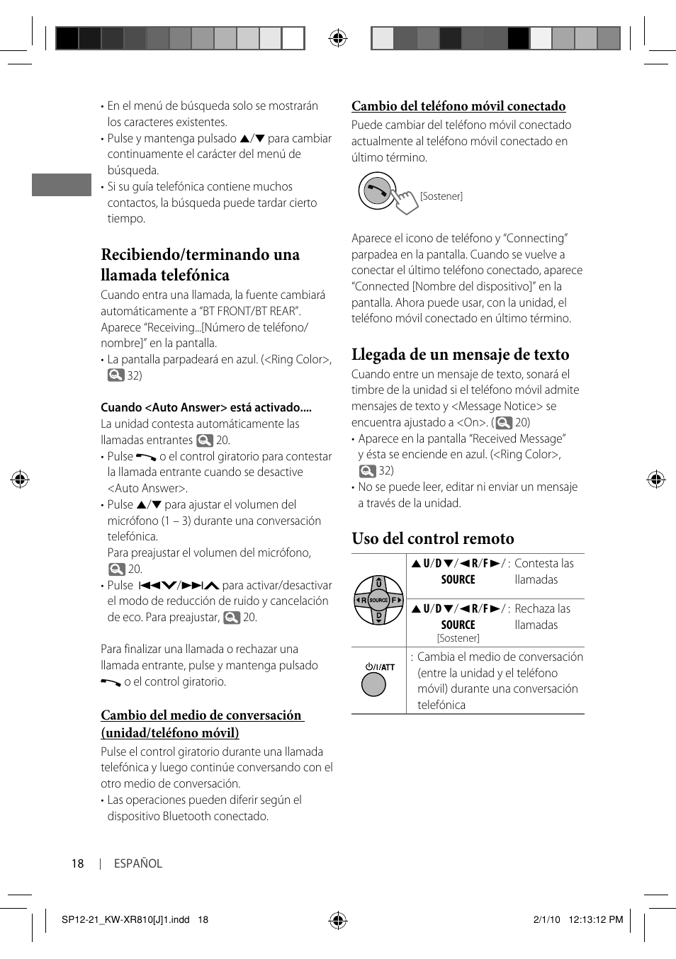 Recibiendo/terminando una llamada telefónica, Llegada de un mensaje de texto, Uso del control remoto | JVC GET0661-001A User Manual | Page 68 / 151