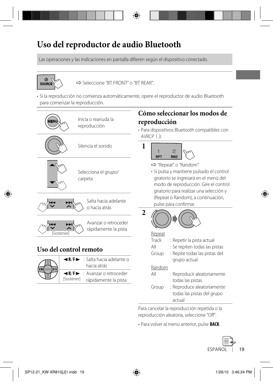 Uso del reproductor de audio bluetooth, Cómo seleccionar los modos de reproducción, Uso del control remoto | JVC GET0661-001A User Manual | Page 69 / 151